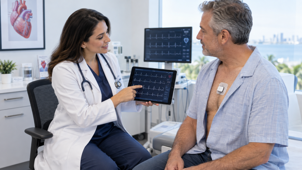 Cardiologist reviewing heart rhythm monitoring results with a patient wearing a cardiac monitor