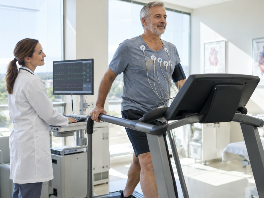 Patient undergoing treadmill cardiac stress testing with ECG monitoring