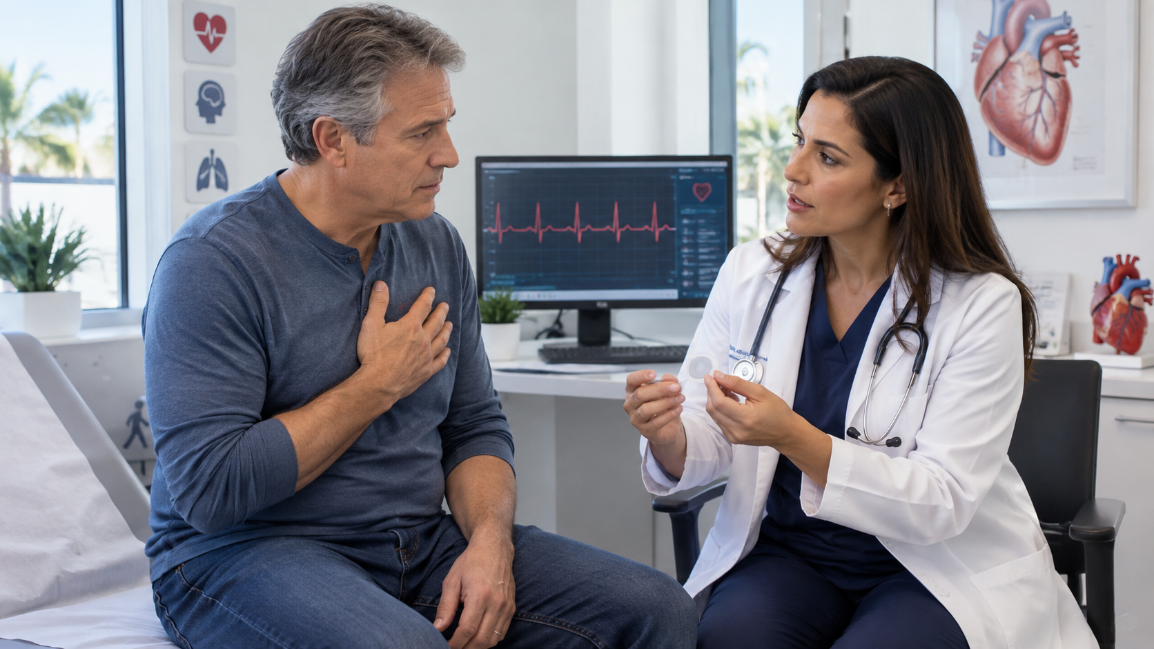 Patient discussing palpitations and heart rhythm symptoms with a cardiologist