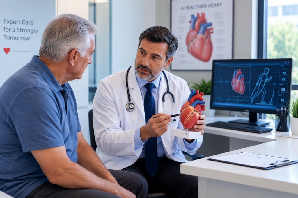 Cardiologist discussing the need for cardiac stress testing with a patient