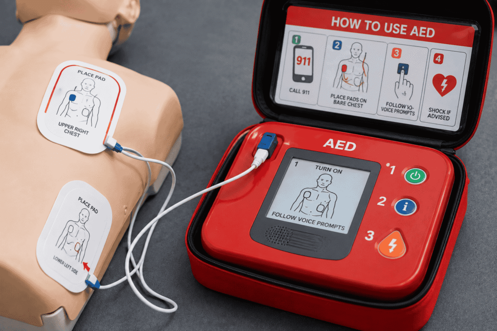 An AED device with clearly visible pads and instructions. Alt text Automated external defibrillator (AED) used during a cardiac emergency