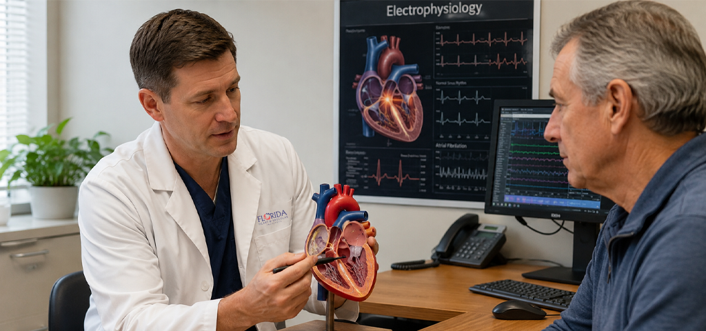 Electrophysiologist explaining heart rhythm activity to a patient using a heart model
