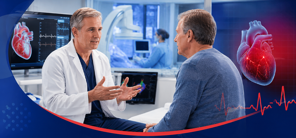 Electrophysiologist discussing an irregular heartbeat with a patient