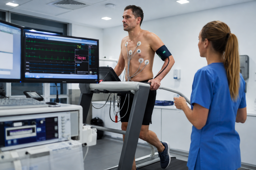 Cardiac stress testing with ECG and blood pressure monitoring