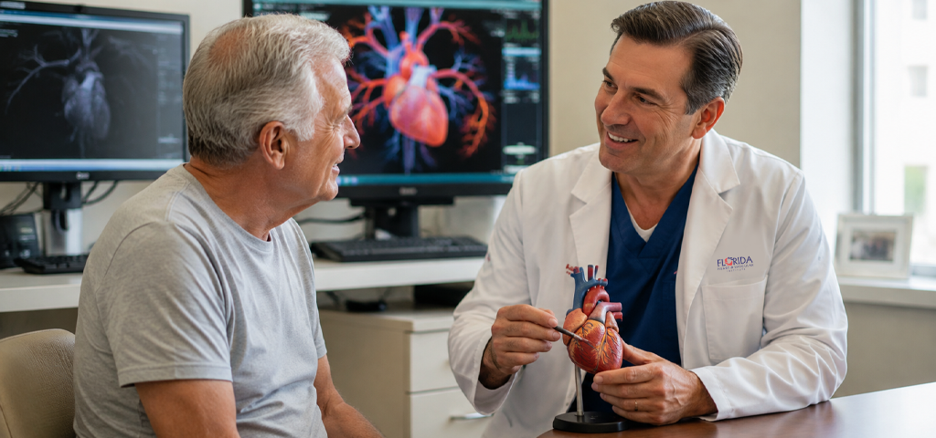 Interventional cardiologist reviewing coronary artery imaging