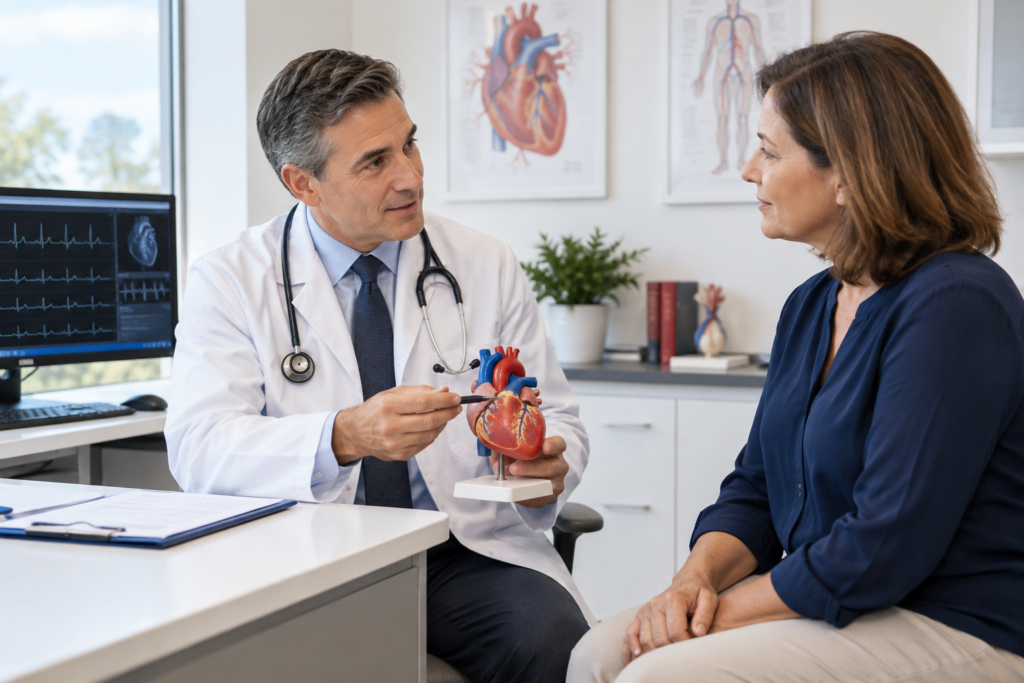 Cardiologist discussing cardiovascular disease and heart health with a patient using an anatomical heart model