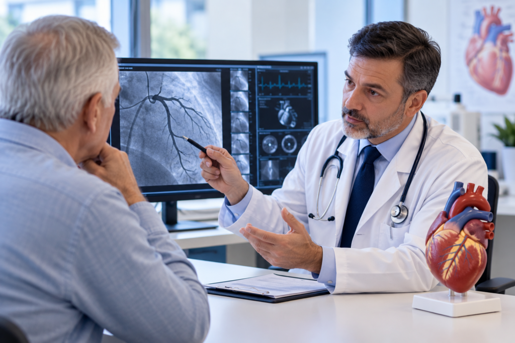 Cardiologist reviewing symptoms and test results with a patient before cardiac catheterization evaluation